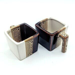 Hand-Painted Pier 1 Tri-Color Square Stoneware Mugs (2)